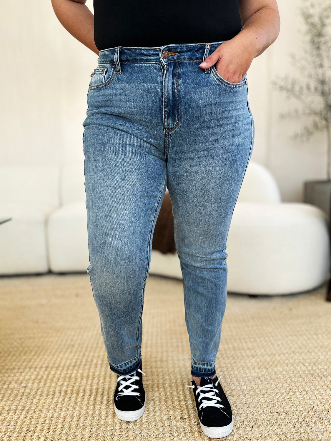 Judy Blue Full Size Mid Rise Rigid Magic Release Hem Jeans Coco’s Tee Boutique