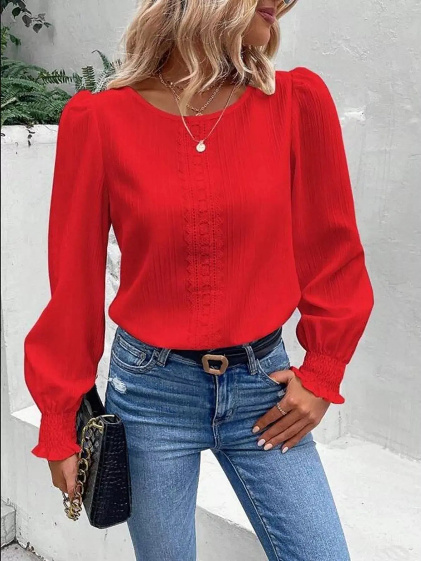 Lace Trim Long Sleeve Blouse Simply Love