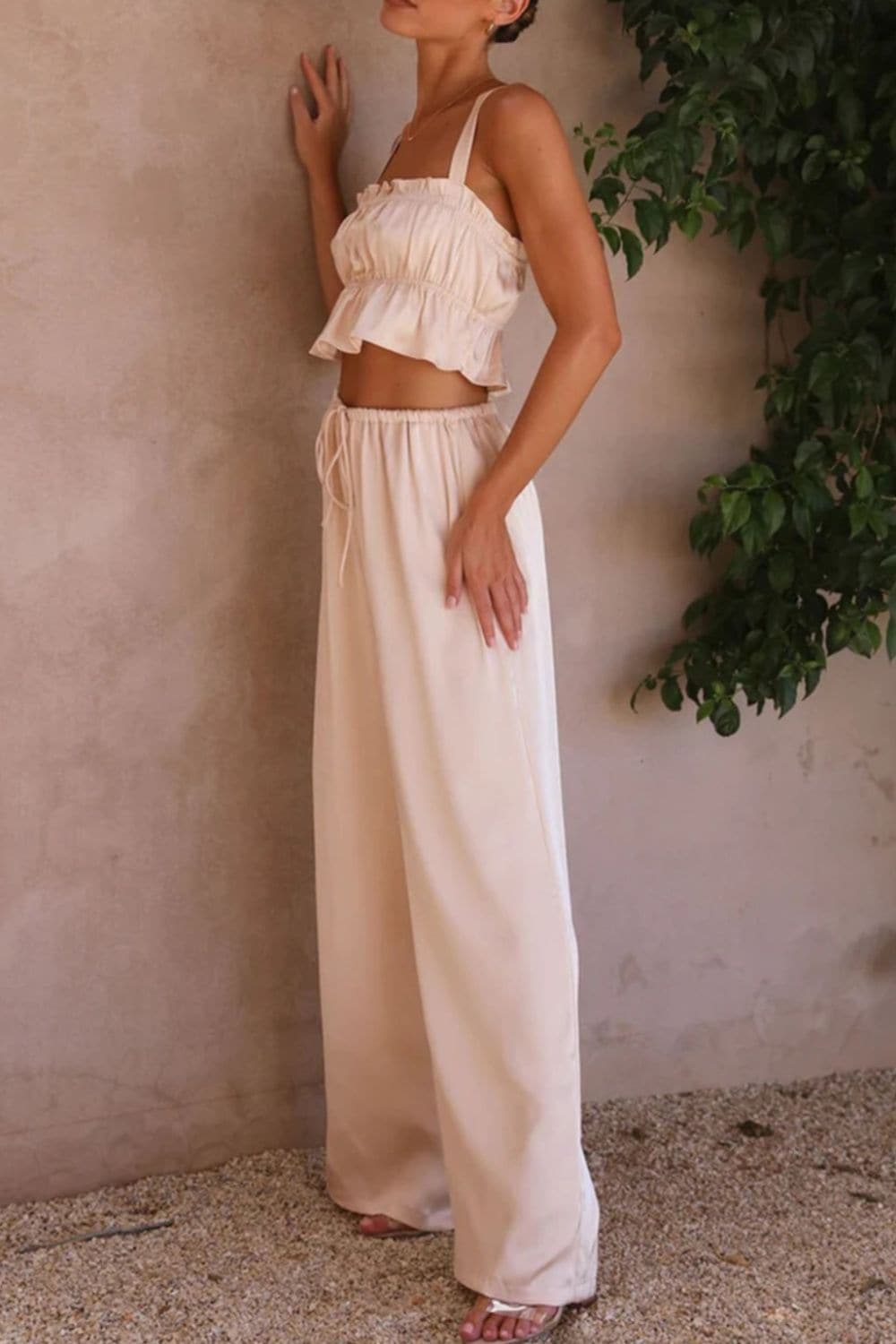 Ruffled Sleeveless Top and Wide Leg Pants Set.