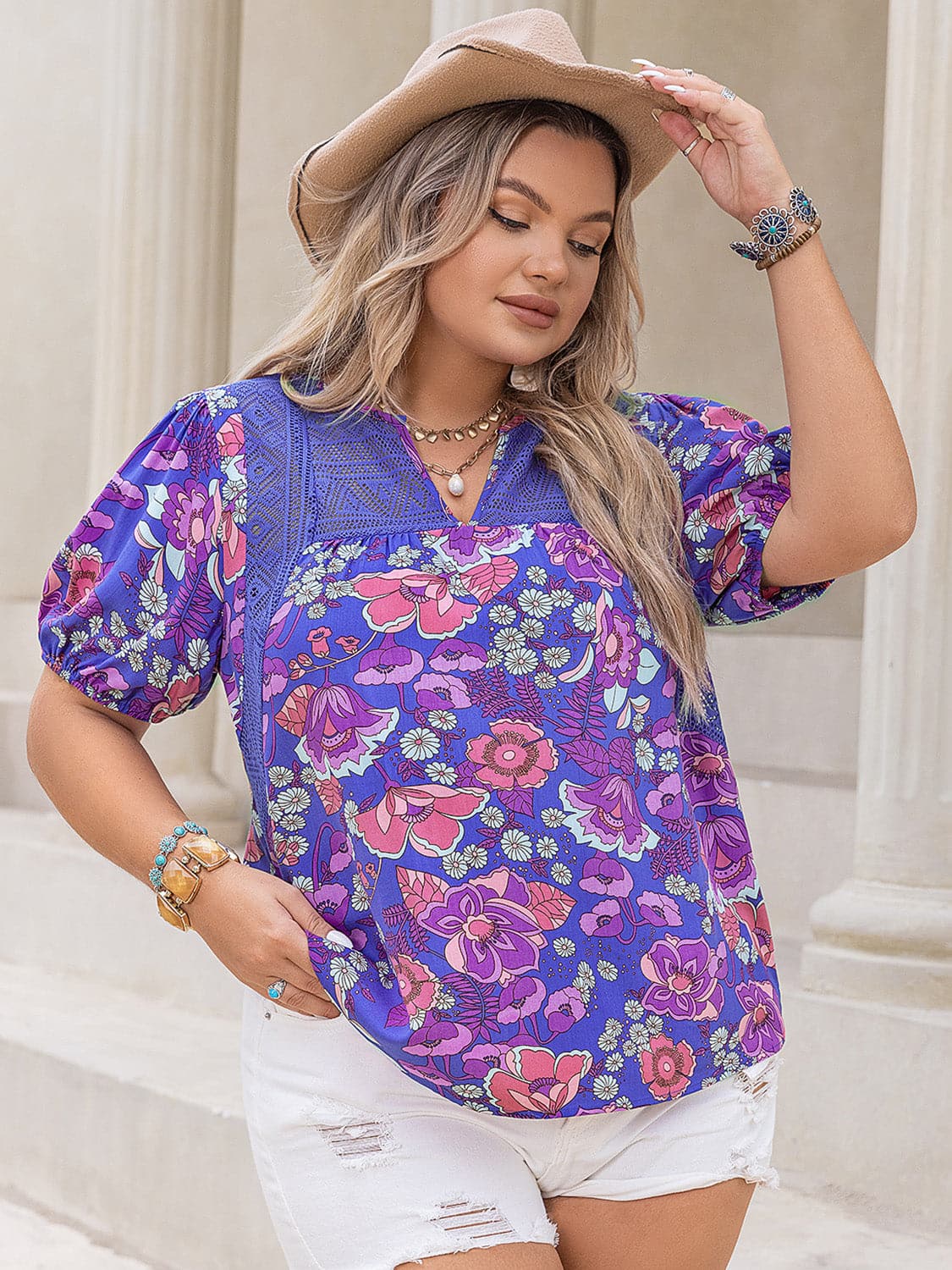 Plus Size Printed Notched Short Sleeve Blouse.