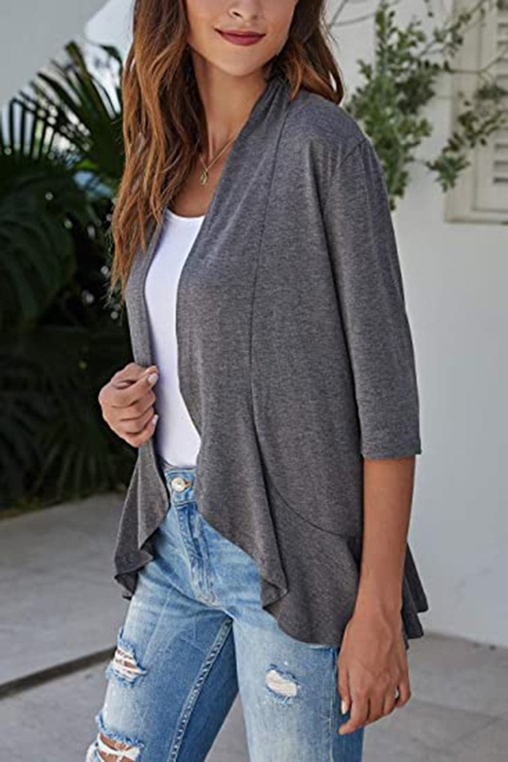 Open Front Three-Quarter Sleeve Cardigan.