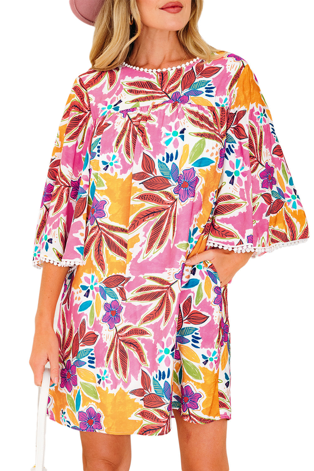 Premium Pink Floral Print Lace Trimmed Tie Back Bell Sleeve Dress Dear-Lover Dropshipping