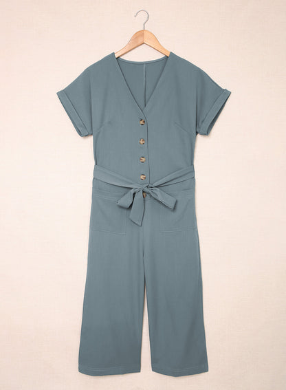 Blue Dolman Button Belted V Neck Wide Leg Jumpsuit