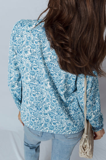 Premium Sky Blue All Over Floral Puff Sleeve Shirt For Women