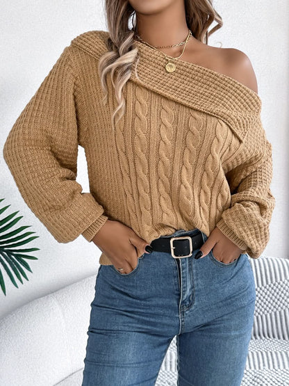 Asymmetrical cable-knit long sleeve sweater