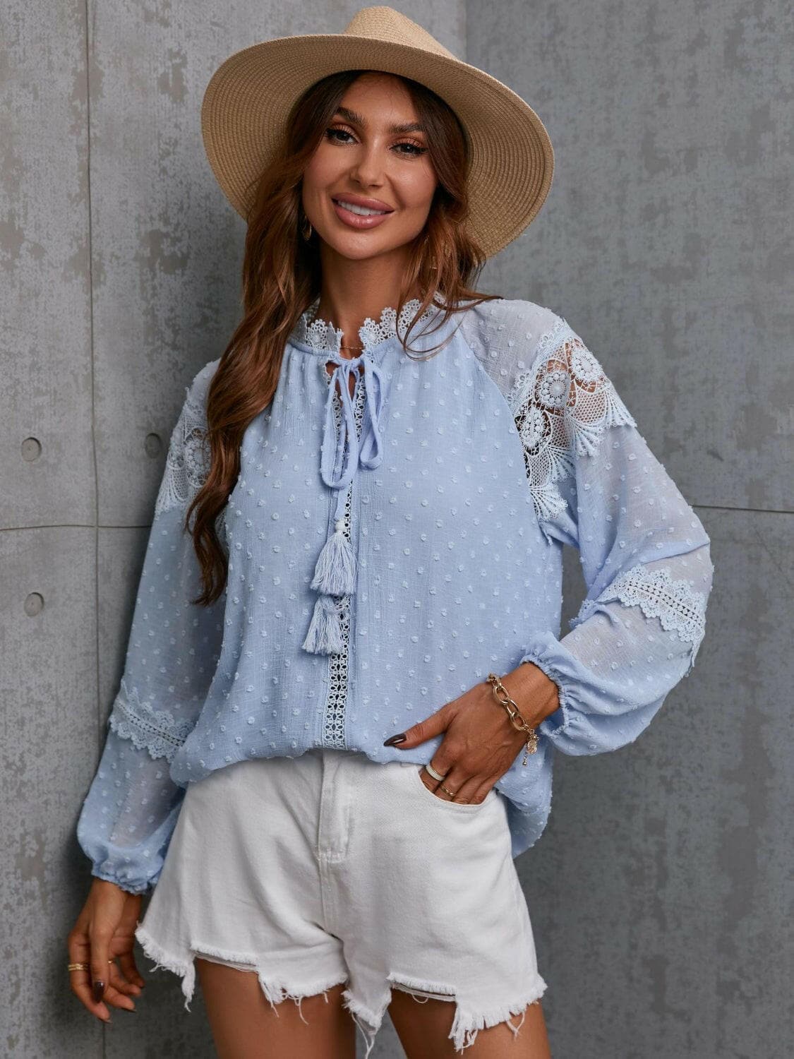 Crochet Tassel Tie Neck Long Sleeve Blouse.