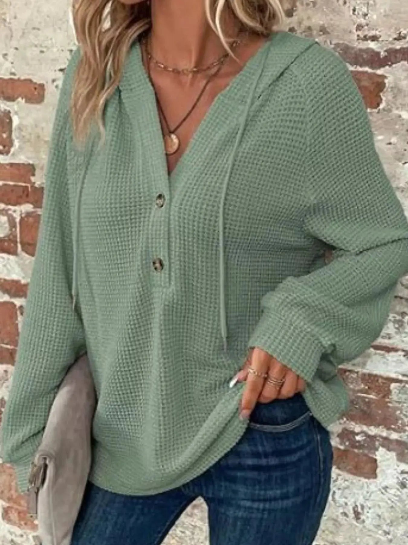 Waffle Knit Button Detail Hoodie Simply Love