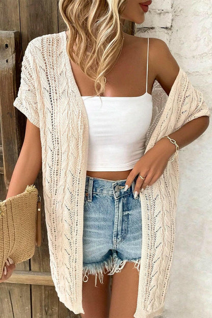 Openwork Open Front Short Sleeve Cardigan.