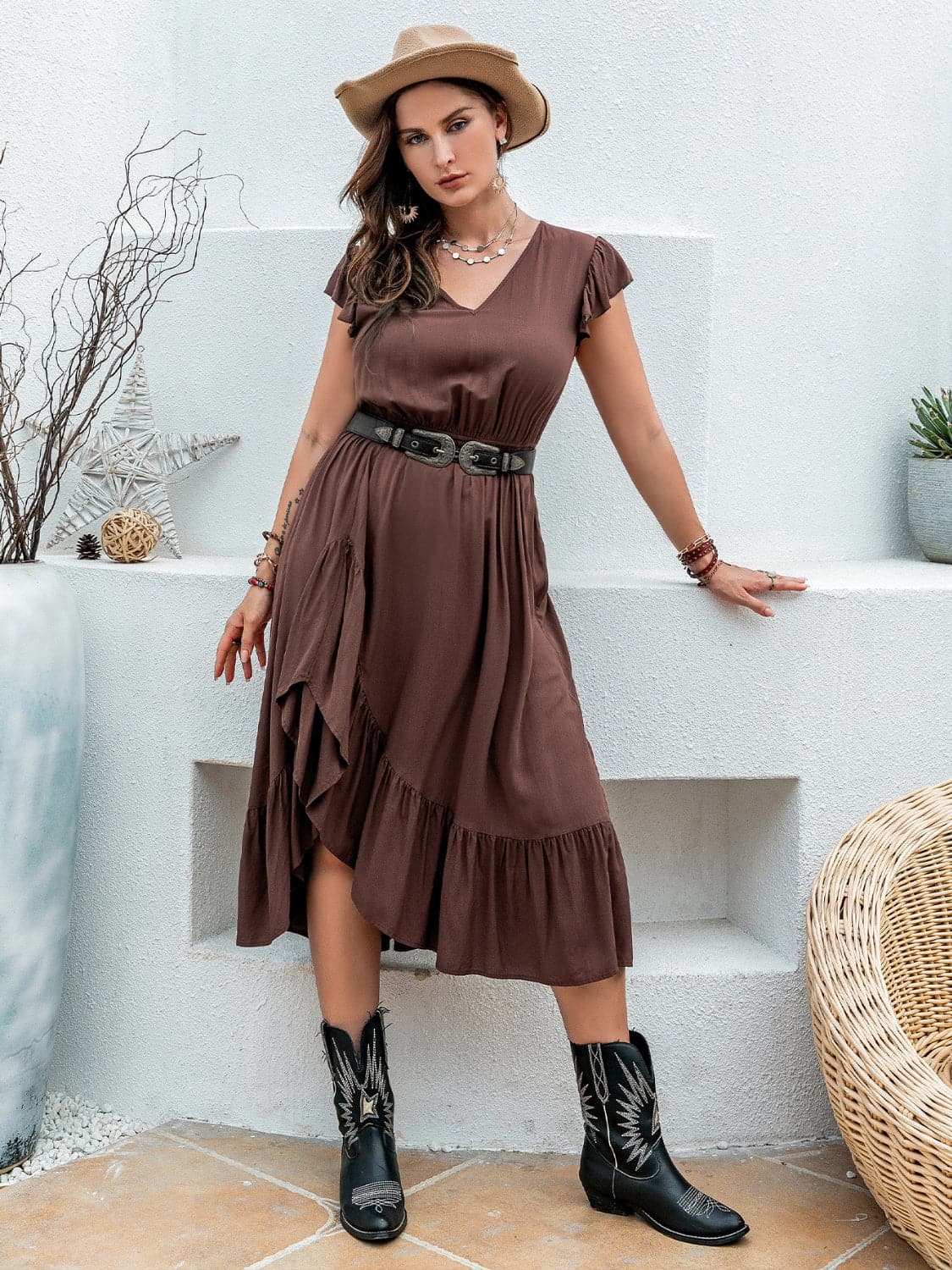 Plus Size Ruffled V-Neck Cap Sleeve Midi Dress.