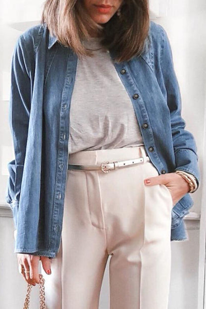 Button Up Collared Neck Denim Jacket.