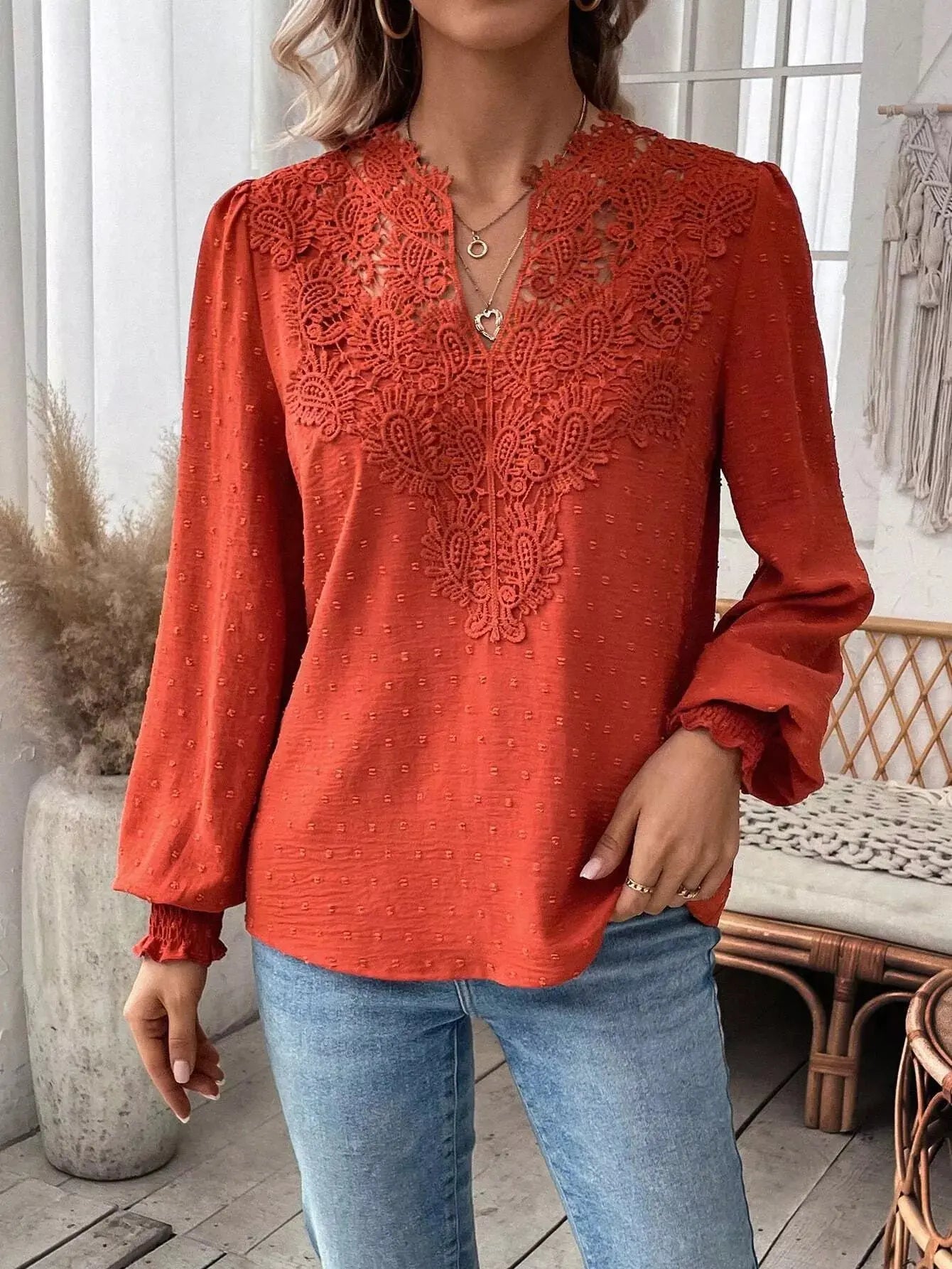 Lace Trim Long Sleeve Blouse Simply Love