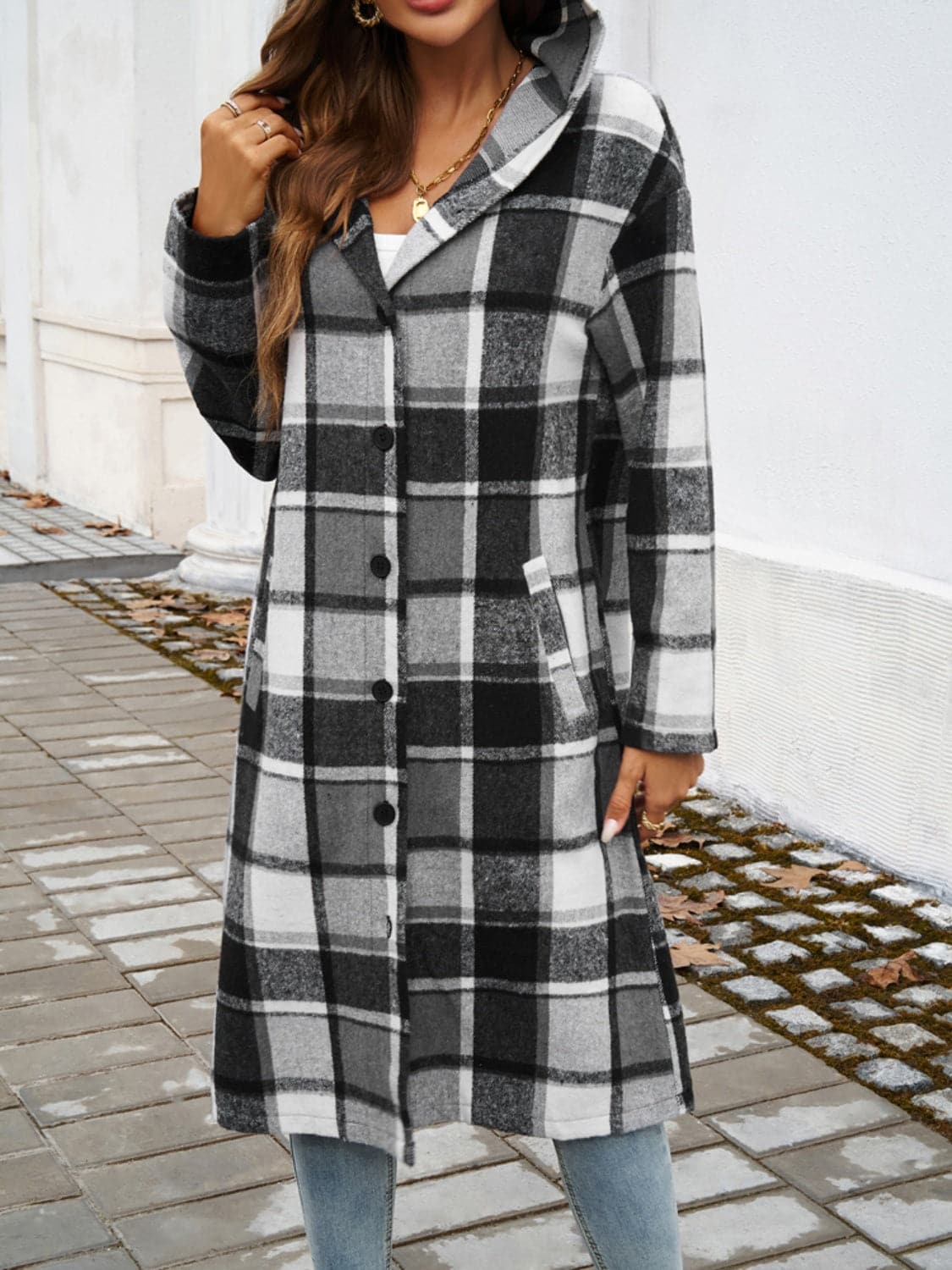 Chic plaid hooded coat with pockets