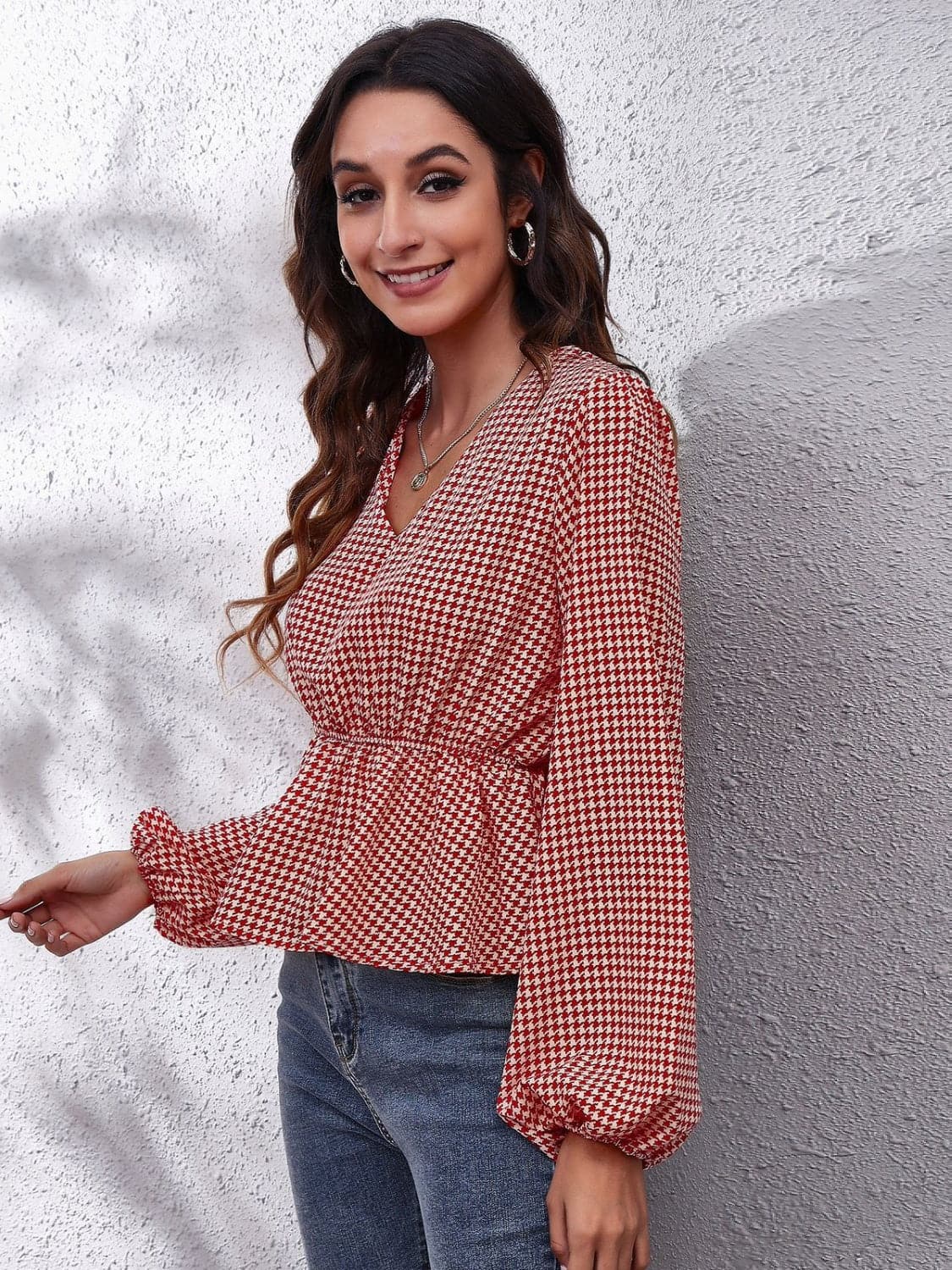 Ruched Printed V-Neck Long Sleeve Blouse.