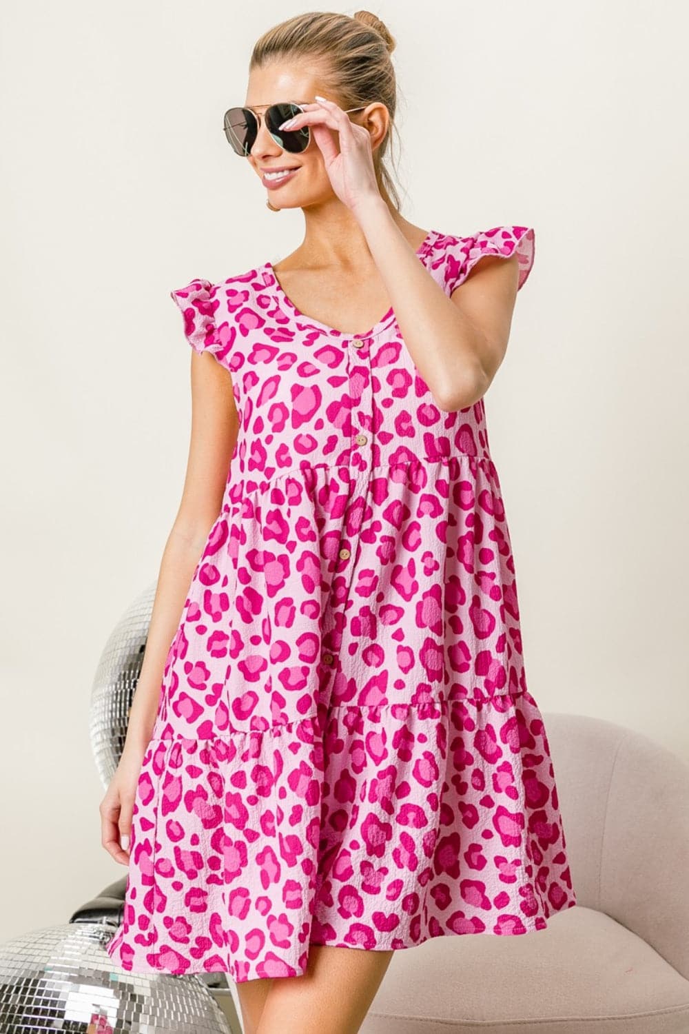 BiBi Leopard Cap Sleeve Tiered Mini Dress.