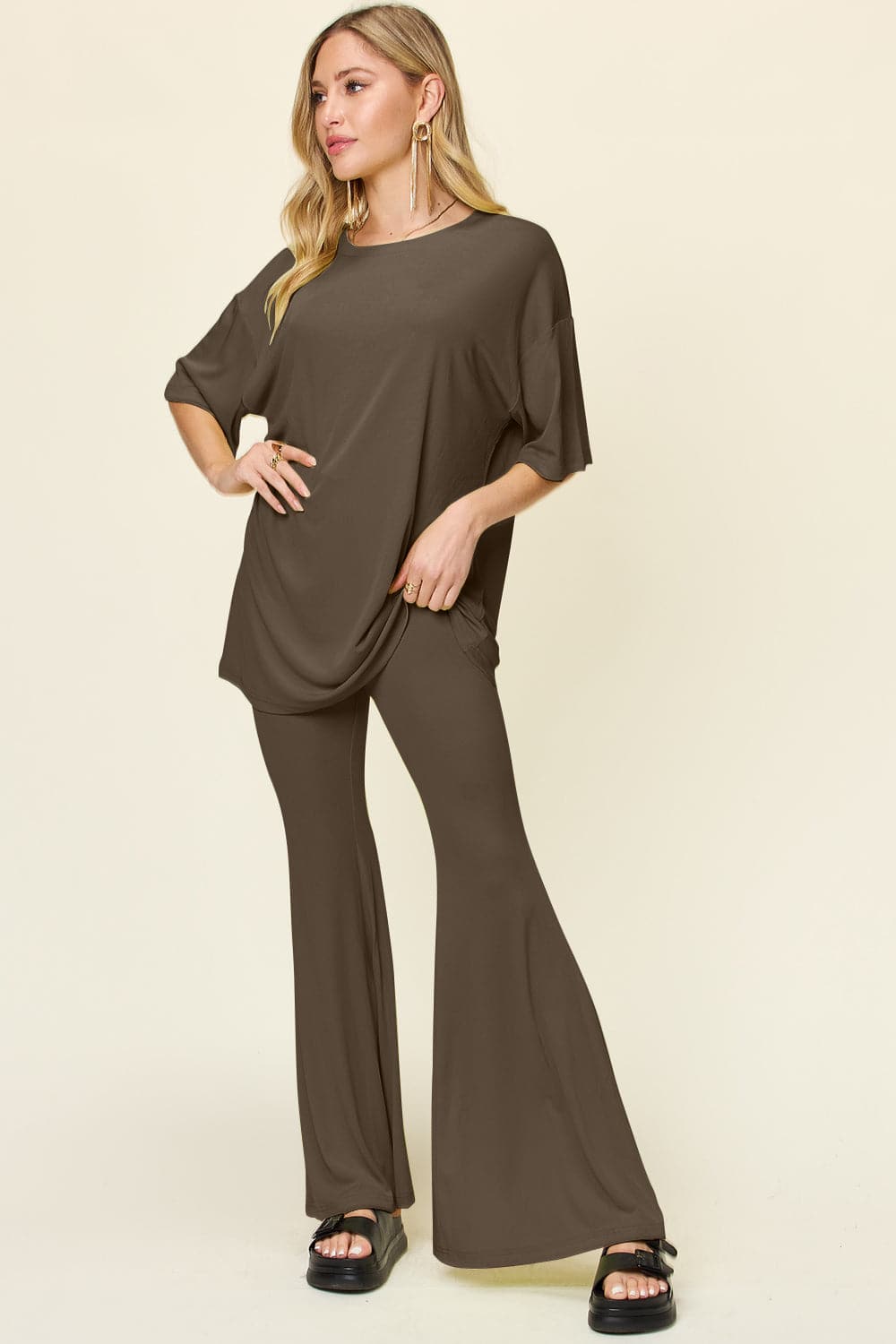 Double Take Full Size Round Neck Drop Shoulder T-Shirt and Flare Pants Set.