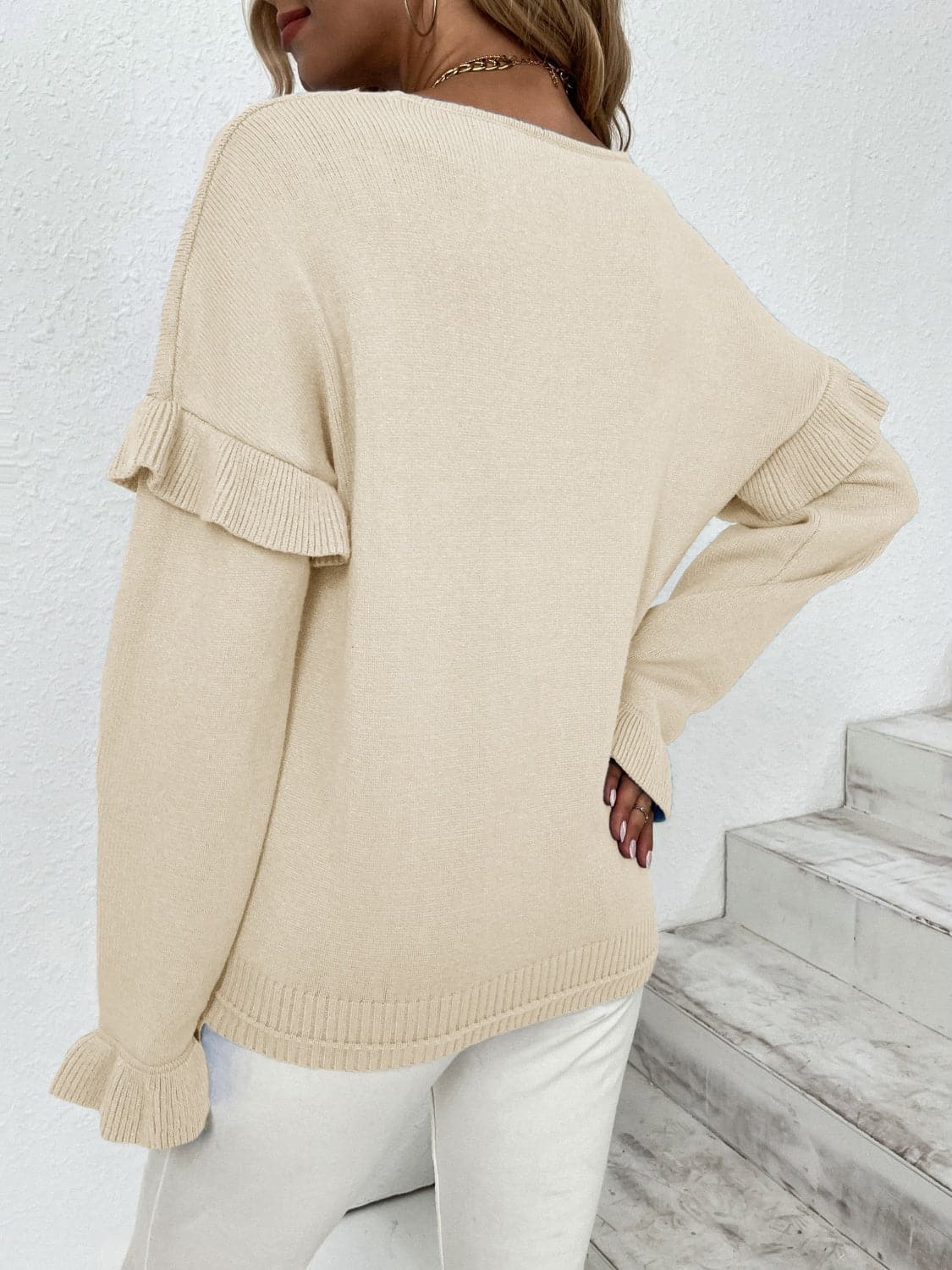 Ruffled V-Neck Dropped Shoulder Sweater.