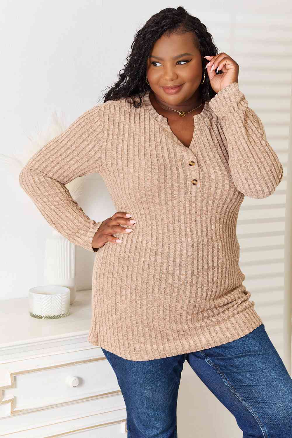 Double Take Notched Neck Ribbed Long Sleeve T-Shirt - Love Salve
