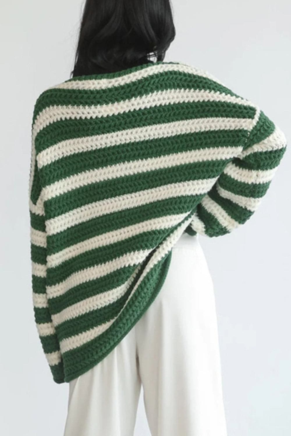 Striped Round Neck Dropped Shoulder Sweater.