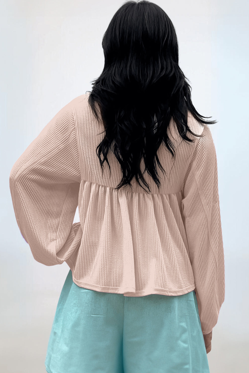 Parchment V-neck bubble sleeve babydoll blouse with corded texture