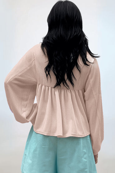 Parchment V-neck bubble sleeve babydoll blouse with corded texture