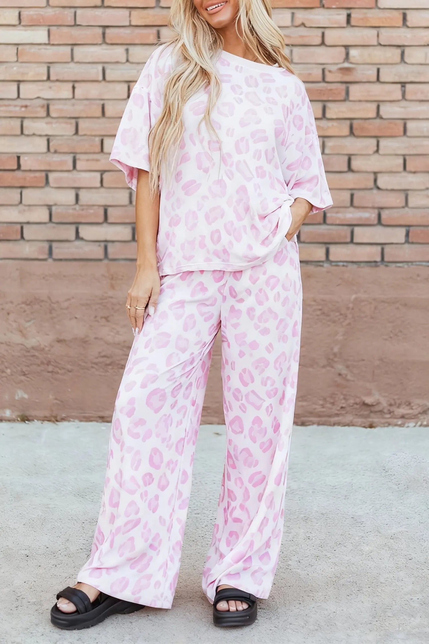 Pink Leopard Print Two Piece Top and Pants Set for Lounge Wear Dear-Lover Dropshipping