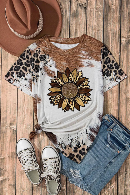 Sunflower Graphic Round Neck Short Sleeve T-Shirt.