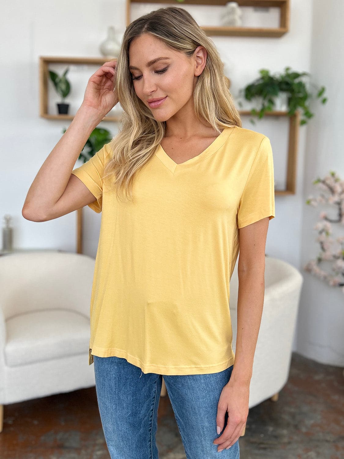 Basic Bae Bamboo Full Size V-Neck High-Low T-Shirt.