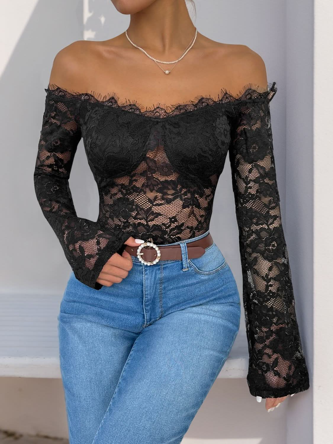 Lace allure off-shoulder bodysuit with long sleeves