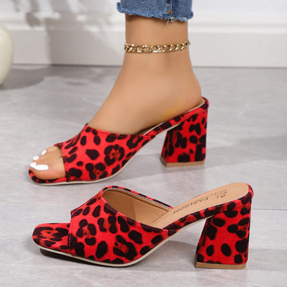 Leopard Block Heel Suede Sandals.