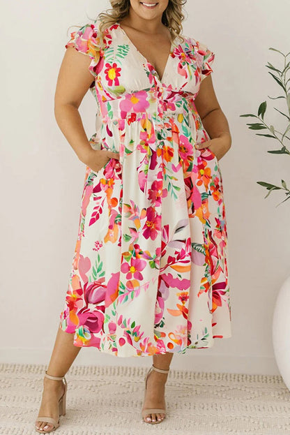 Pink Floral Print V Neck Ruffle Sleeve Plus Size Midi Dress