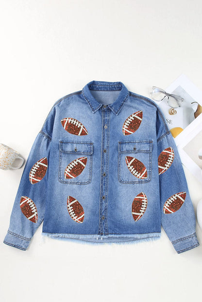 Raw Hem Sequin Football Long Sleeve Denim Jacket.