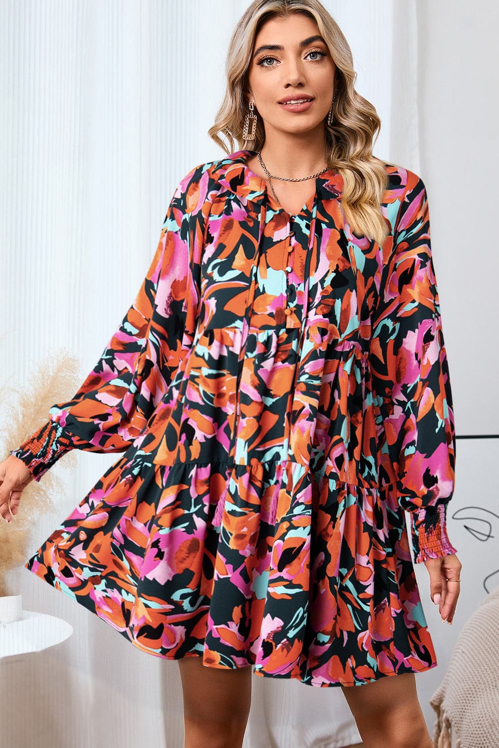 Printed Tie Neck Lantern Sleeve Mini Dress.