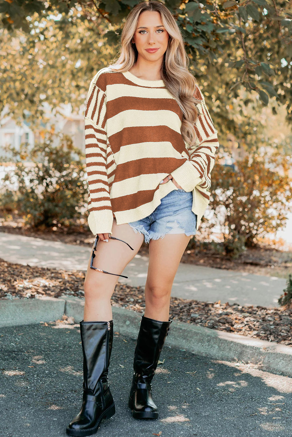 Brown Stripe Patchwork Baggy Sweater With Drop Shoulder Dear-Lover Dropshipping