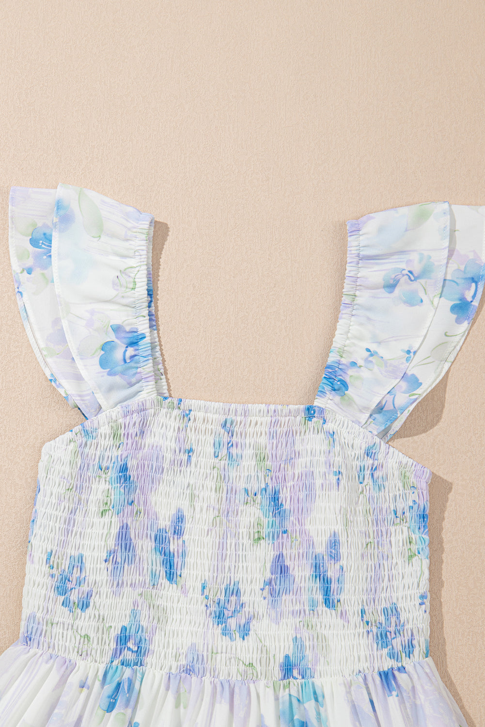 Sky Blue Floral Smocked High Waist Ruffle Sleeveless Dress