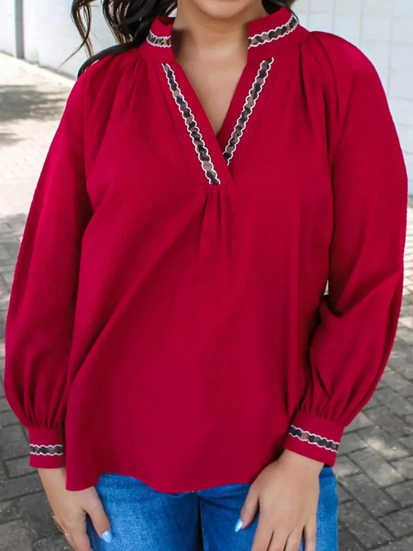 Leopard Notched Long Sleeve Blouse Simply Love