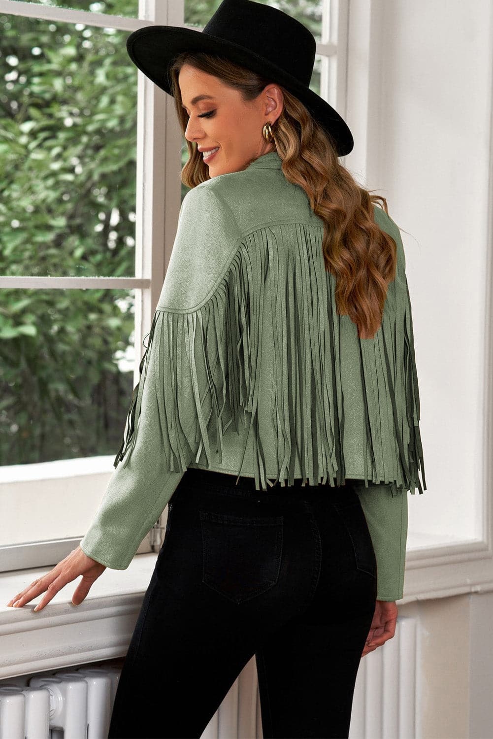 Fringe Trim Lapel Collar Cropped Blazer.