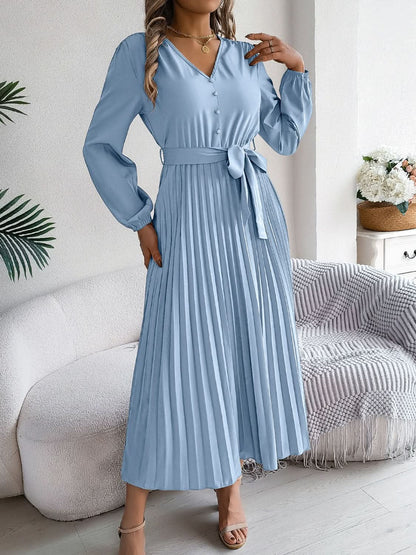 Elegant V-Neck Long Sleeve Dress with Sheer Tied Design