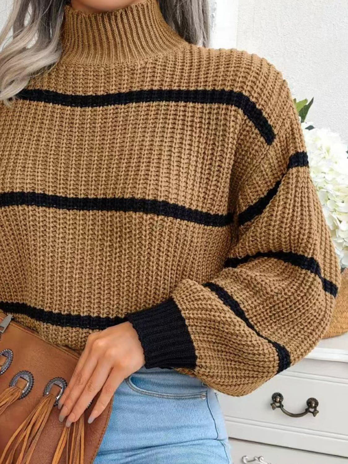 Striped Mock Neck Dropped Shoulder Sweater.