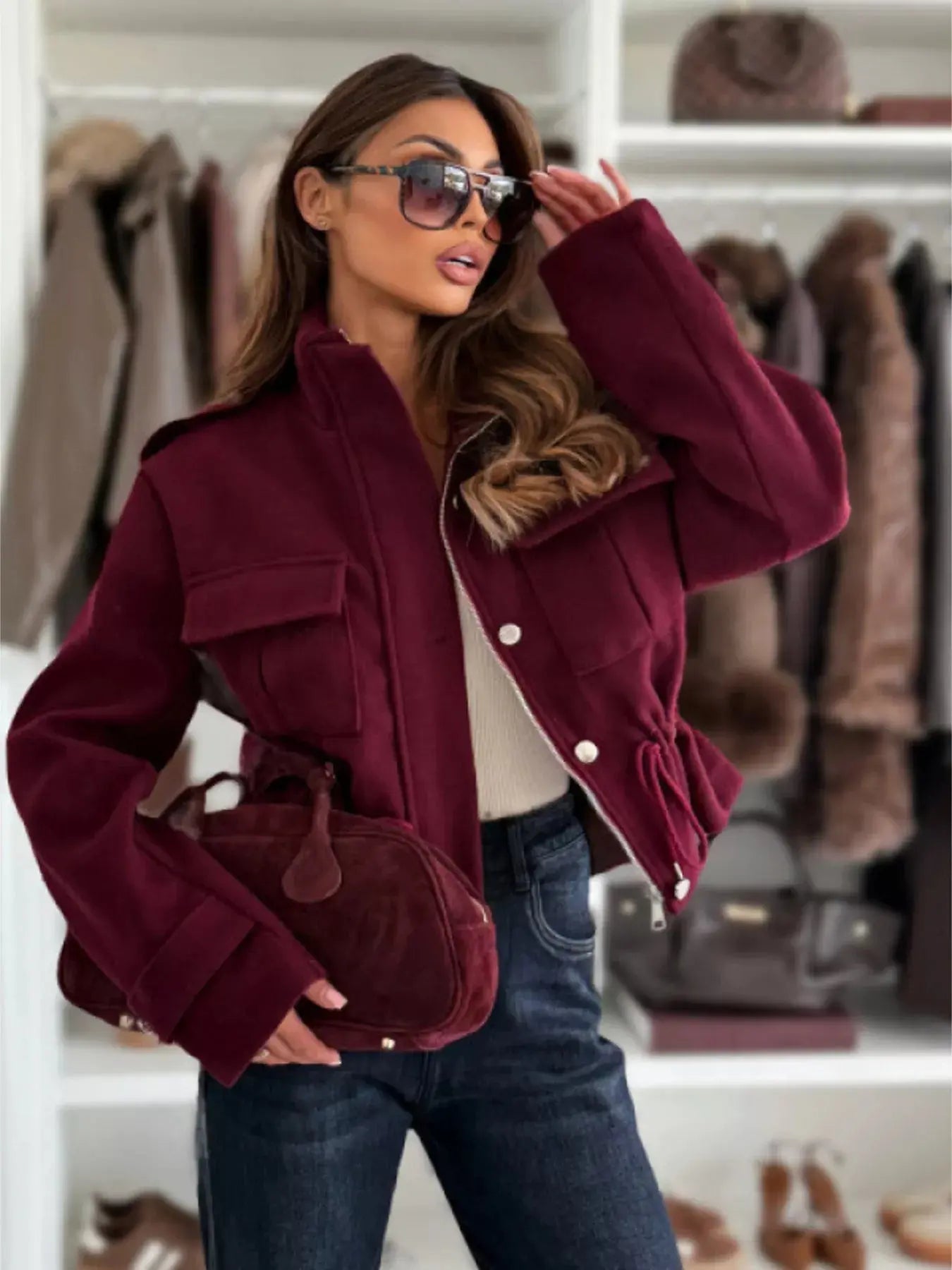 Drawstring Waist Cropped Jacket Simply Love
