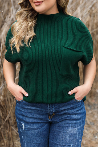 Cozy jungle green plus size mock neck sweater with chest pocket