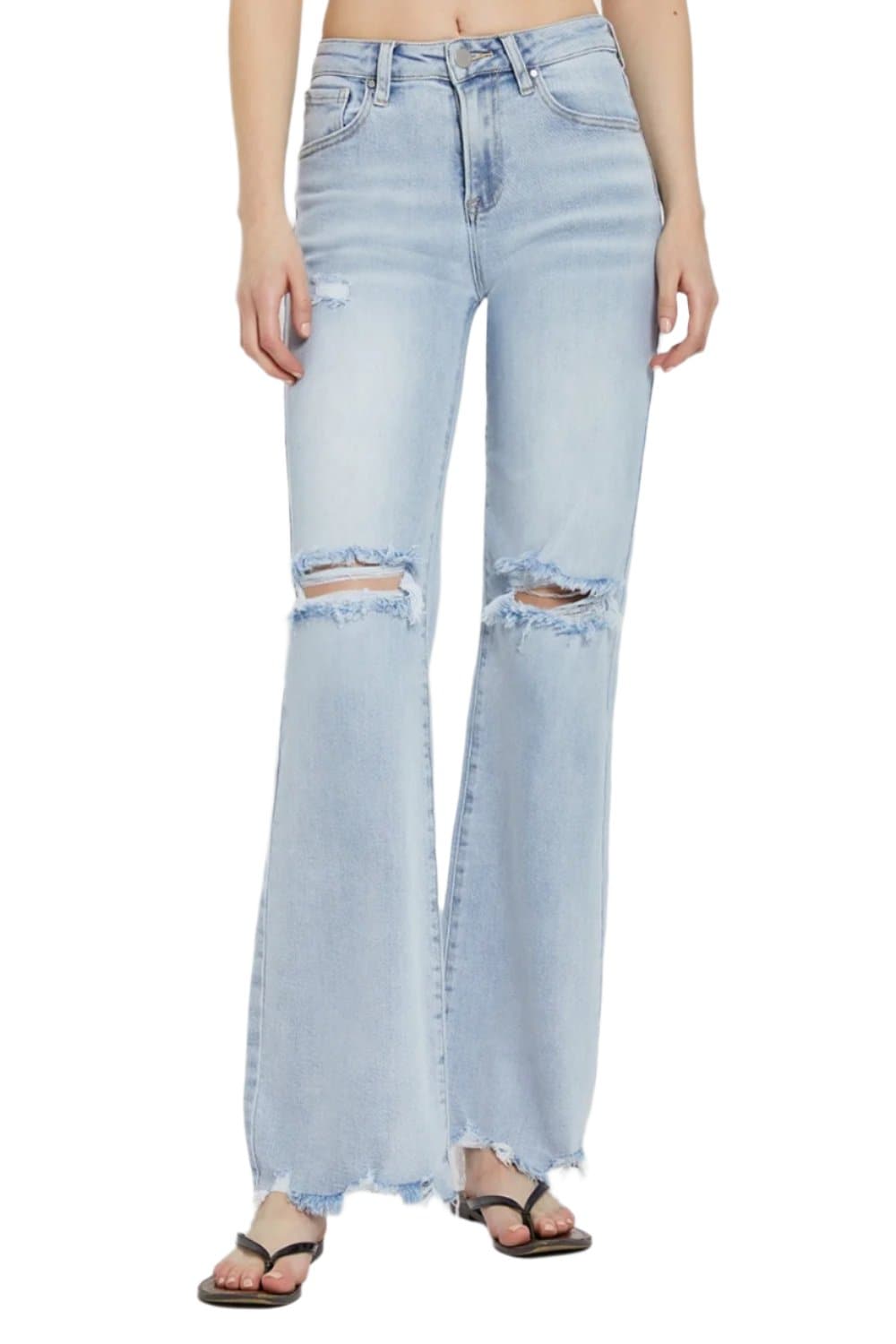 Risen Full Size High Rise Distressed Wide Leg Jeans.