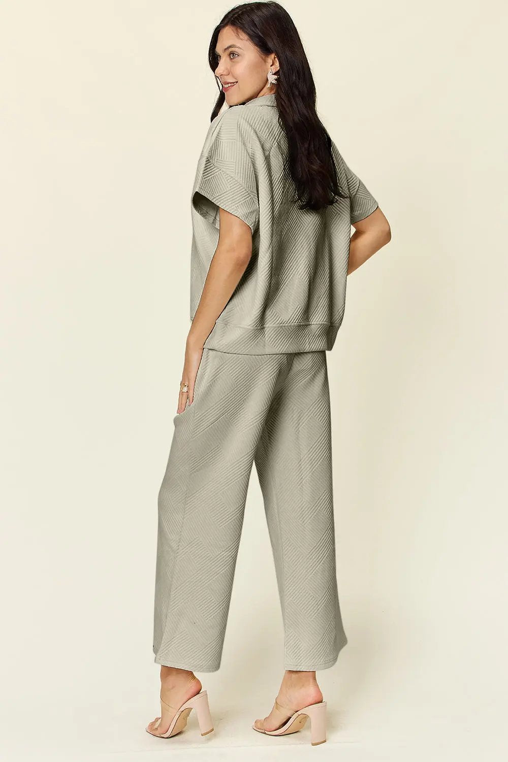 Double Take Full Size Texture Half Zip Short Sleeve Top and Pants Set - Love Salve