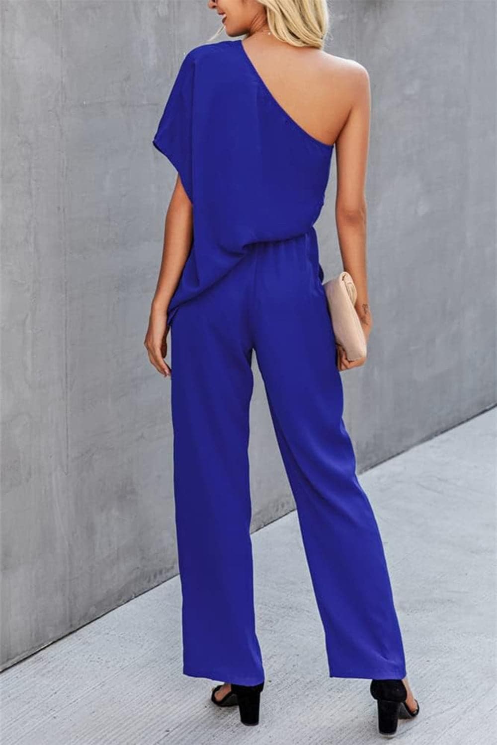 Single Shoulder Short Sleeve Jumpsuit.