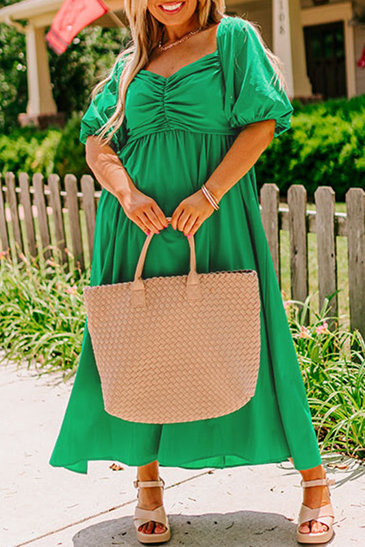 Plus Size Bright Green Ruched Front Puff Sleeve Long Dress Dear-Lover Dropshipping