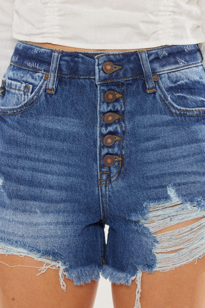 Kancan Distressed Button-Fly High Waist Denim Shorts.