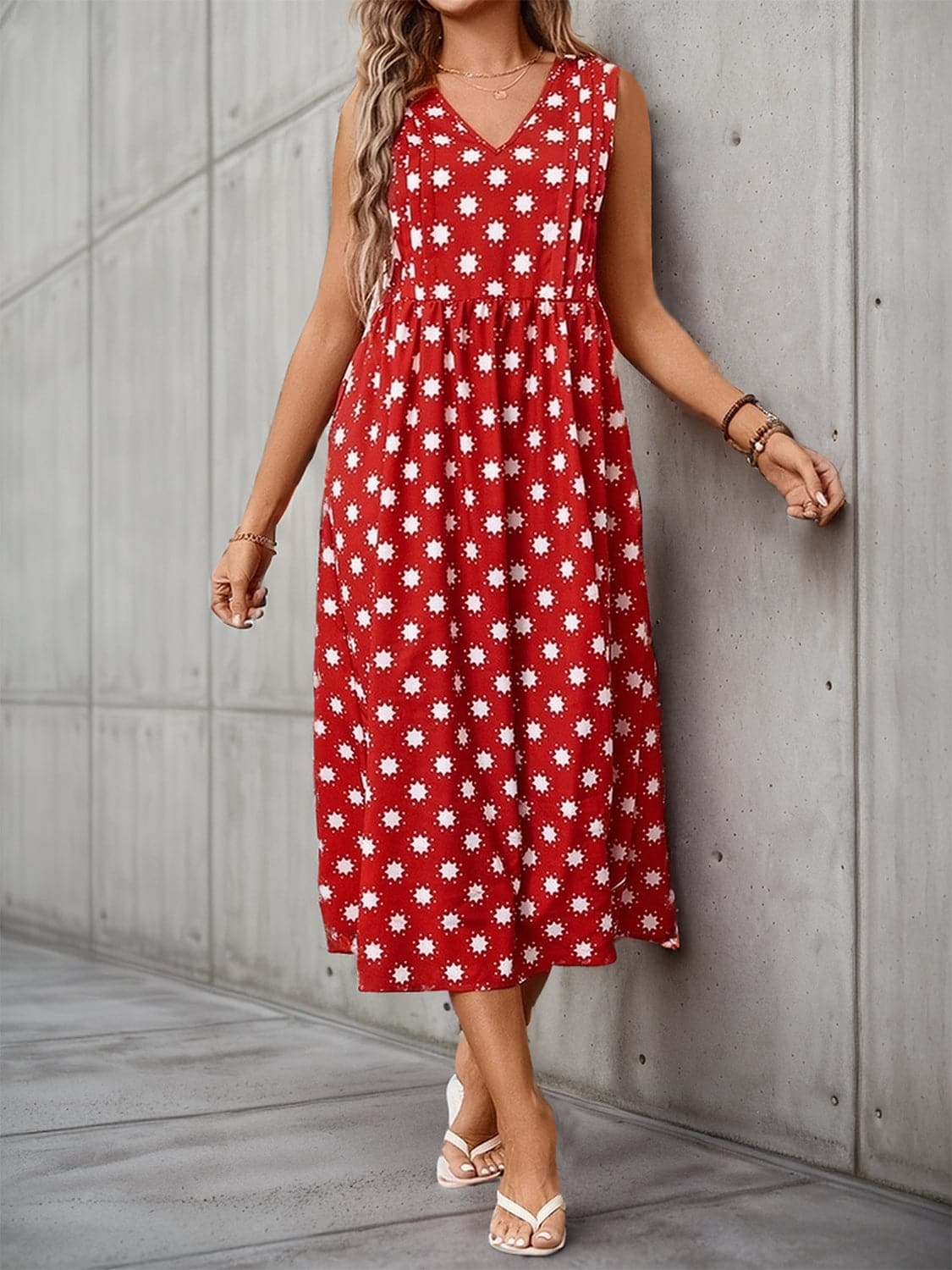 Printed V-Neck Sleeveless Midi Dress.