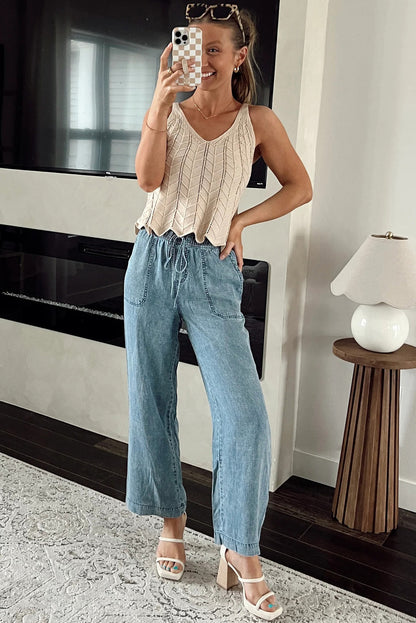 Relaxed fit mineral wash denim pants with drawstring waist