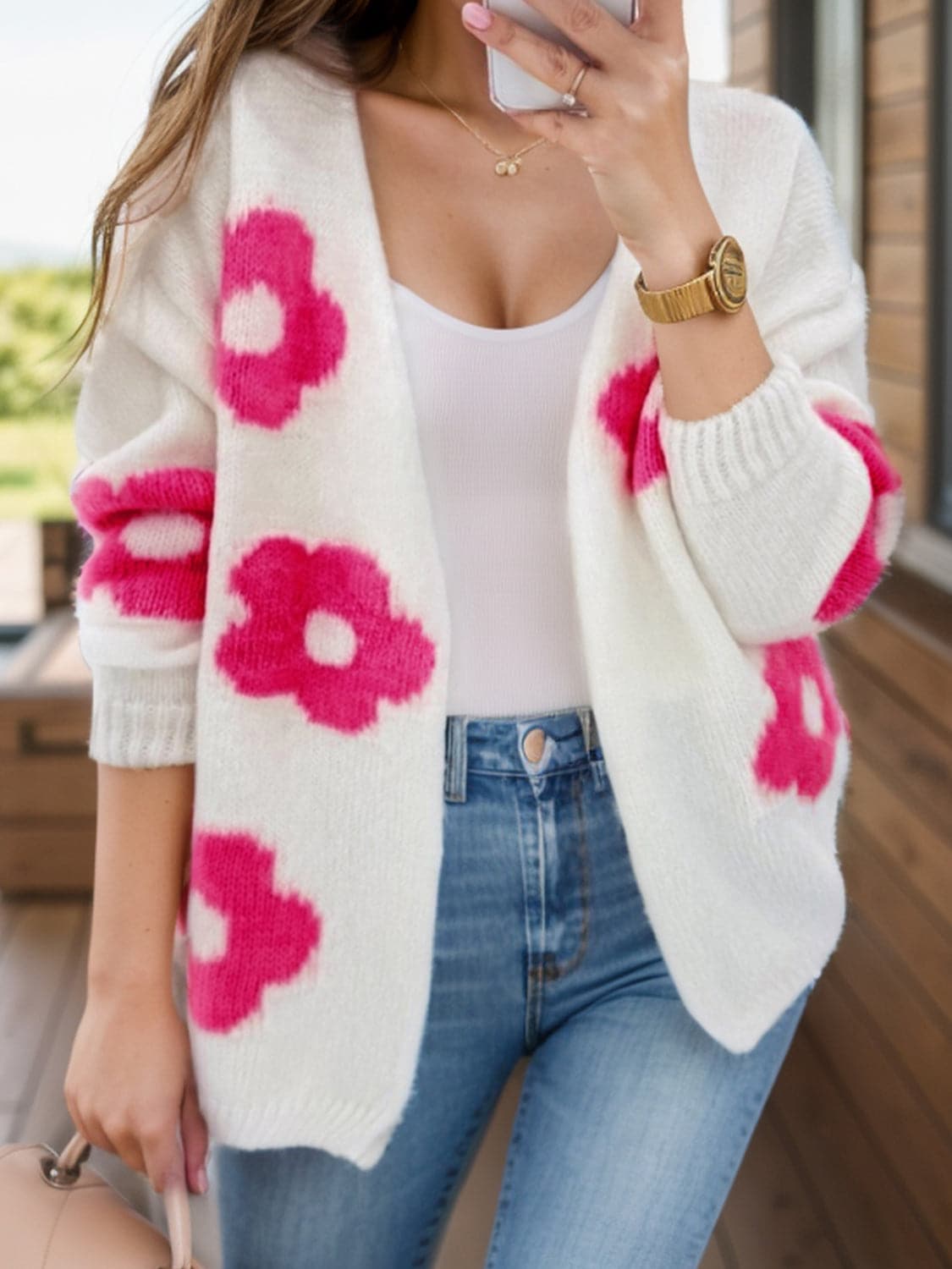 Flower Open Front Long Sleeve Cardigan.