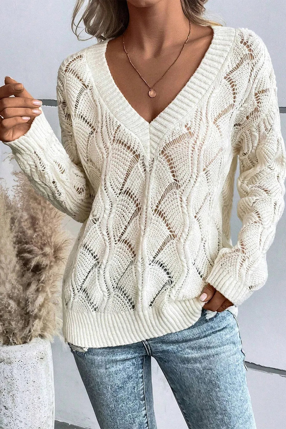 Chic openwork v-neck long sleeve sweater