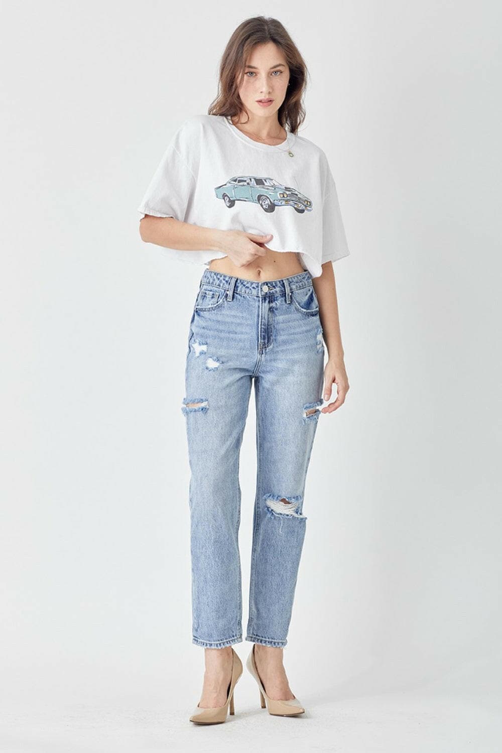 RISEN Distressed Slim Cropped Jeans.